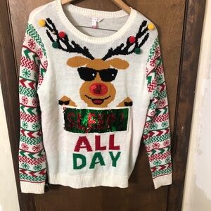 Junior Womens 15-17 White Sleep All Day Sequin Christmas Holiday Sweater